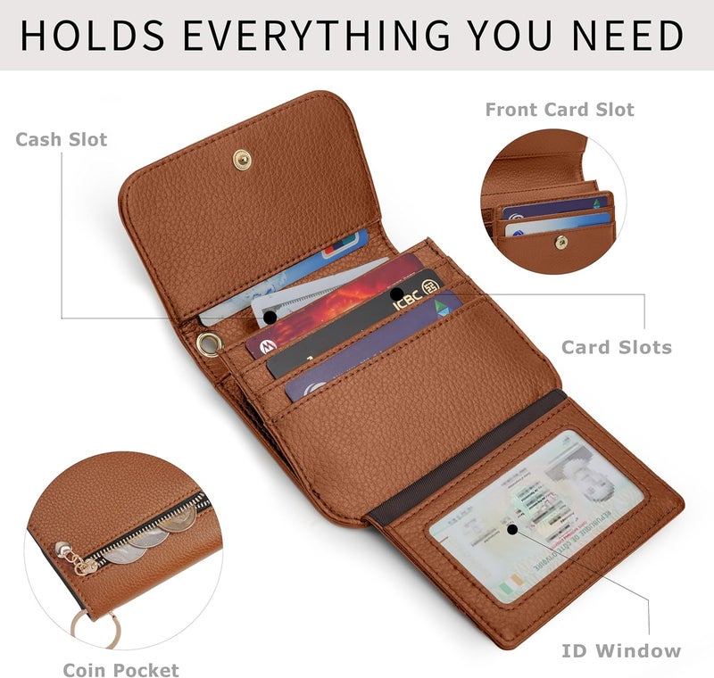 Sunpour Women Small Wallet RFID Blocking Slim Wallet with Coin Pocket Tri-Fold Credit Card Holder with ID Window and Keychain (Dark Brown) - Image 4